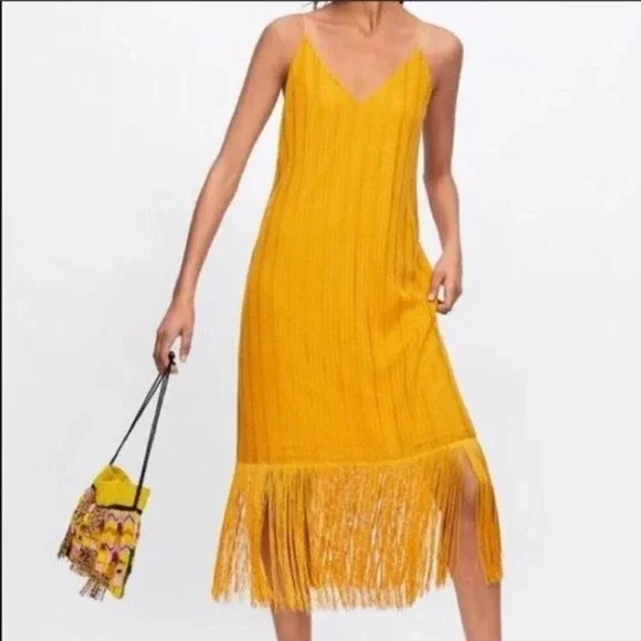 Zara Fringe Hem Midi Dress Marigold  Mustard Yellow Size Small - Picture 5 of 10